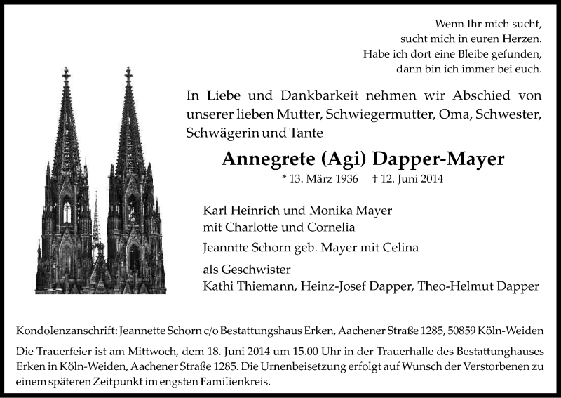  Traueranzeige für Annegrete Dapper-Mayer vom 16.06.2014 aus Kölner Stadt-Anzeiger / Kölnische Rundschau / Express