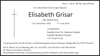 Anzeige von Elisabeth Grisar von Kölner Stadt-Anzeiger / Kölnische Rundschau / Express