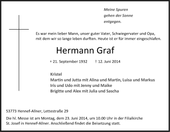 Anzeige von Hermann Graf von Kölner Stadt-Anzeiger / Kölnische Rundschau / Express