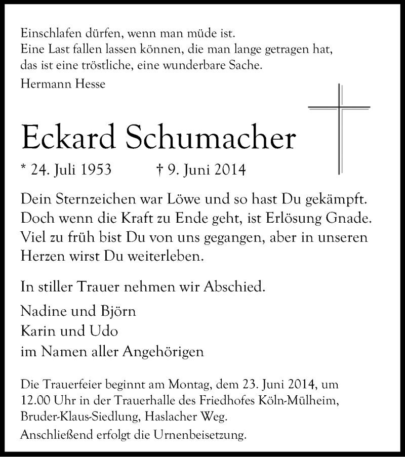  Traueranzeige für Eckard Schumacher vom 18.06.2014 aus Kölner Stadt-Anzeiger / Kölnische Rundschau / Express
