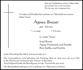 Anzeige von Agnes Breuer von Kölner Stadt-Anzeiger / Kölnische Rundschau / Express