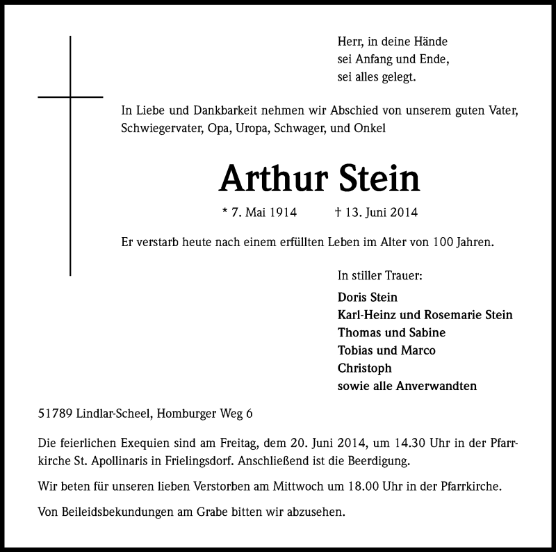  Traueranzeige für Arthur Stein vom 16.06.2014 aus Kölner Stadt-Anzeiger / Kölnische Rundschau / Express