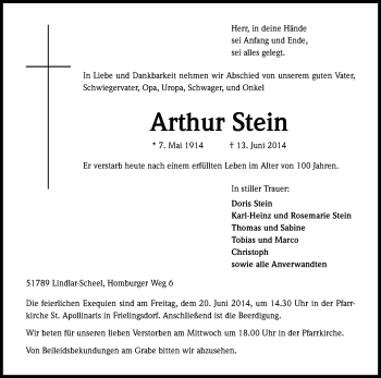 Anzeige von Arthur Stein von Kölner Stadt-Anzeiger / Kölnische Rundschau / Express
