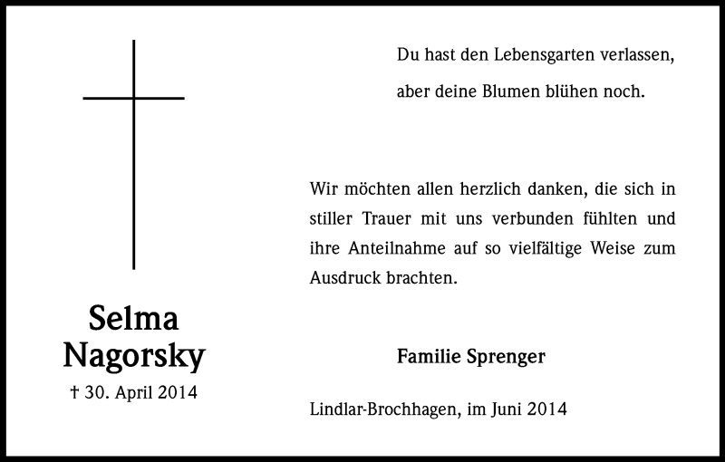 Traueranzeige für Selma Nagorsky vom 18.06.2014 aus Kölner Stadt-Anzeiger / Kölnische Rundschau / Express