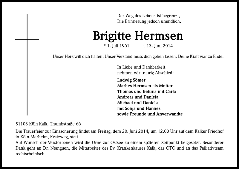  Traueranzeige für Brigitte Hermsen vom 17.06.2014 aus Kölner Stadt-Anzeiger / Kölnische Rundschau / Express