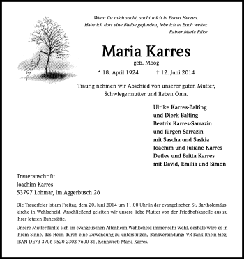 Anzeige von Maria Karres von Kölner Stadt-Anzeiger / Kölnische Rundschau / Express