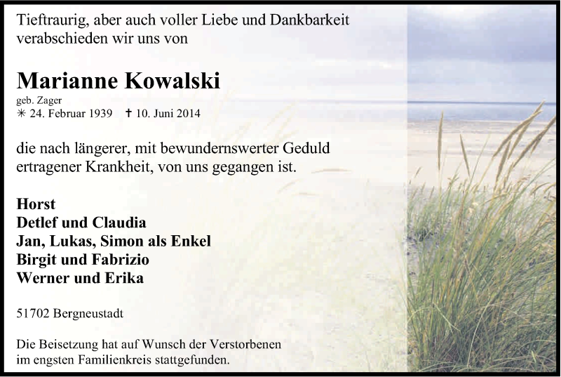  Traueranzeige für Marianne Kowalski vom 17.06.2014 aus Kölner Stadt-Anzeiger / Kölnische Rundschau / Express
