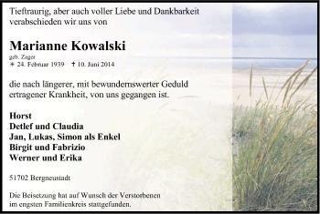 Anzeige von Marianne Kowalski von Kölner Stadt-Anzeiger / Kölnische Rundschau / Express