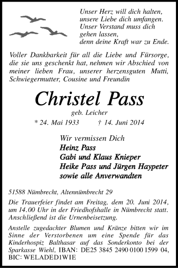 Anzeige von Christel Pass von Kölner Stadt-Anzeiger / Kölnische Rundschau / Express