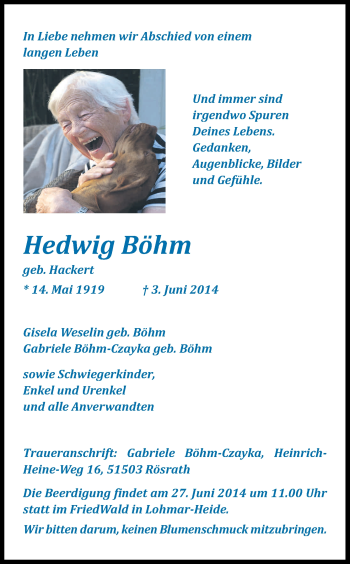Anzeige von Hedwig Böhm von Kölner Stadt-Anzeiger / Kölnische Rundschau / Express