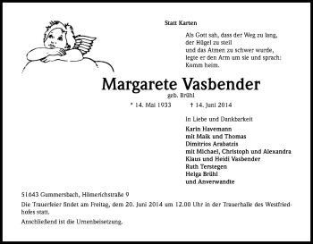 Anzeige von Margarete Vasbender von Kölner Stadt-Anzeiger / Kölnische Rundschau / Express