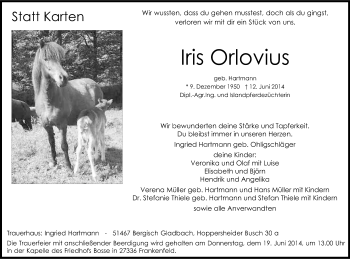 Anzeige von Iris Orlovius von Kölner Stadt-Anzeiger / Kölnische Rundschau / Express