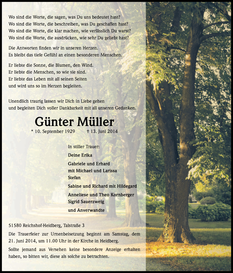  Traueranzeige für Günter Müller vom 17.06.2014 aus Kölner Stadt-Anzeiger / Kölnische Rundschau / Express