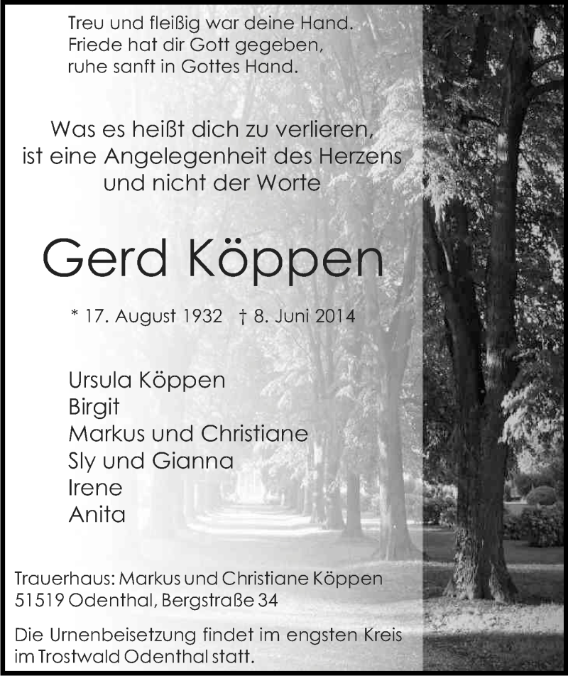  Traueranzeige für Gerd Köppen vom 17.06.2014 aus Kölner Stadt-Anzeiger / Kölnische Rundschau / Express
