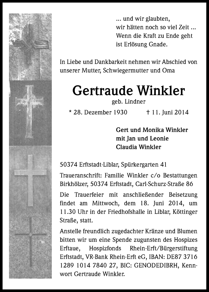  Traueranzeige für Gertraude Winkler vom 17.06.2014 aus Kölner Stadt-Anzeiger / Kölnische Rundschau / Express