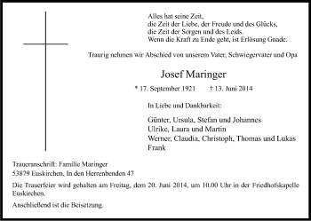Anzeige von Josef Maringer von Kölner Stadt-Anzeiger / Kölnische Rundschau / Express