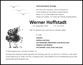 Anzeige von Werner Hoffstadt von Kölner Stadt-Anzeiger / Kölnische Rundschau / Express