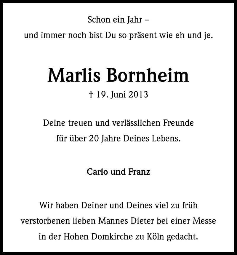  Traueranzeige für Marlis Bornheim vom 19.06.2014 aus Kölner Stadt-Anzeiger / Kölnische Rundschau / Express