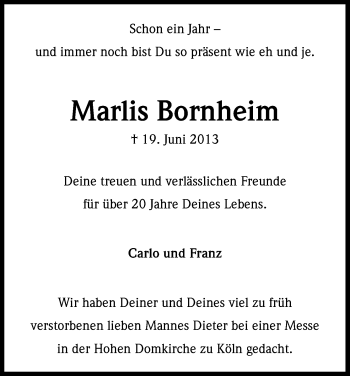 Anzeige von Marlis Bornheim von Kölner Stadt-Anzeiger / Kölnische Rundschau / Express