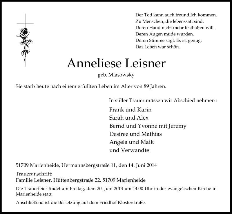  Traueranzeige für Anneliese Leisner vom 17.06.2014 aus Kölner Stadt-Anzeiger / Kölnische Rundschau / Express