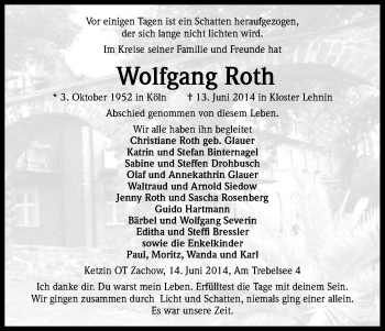 Anzeige von Wolfgang Roth von Kölner Stadt-Anzeiger / Kölnische Rundschau / Express