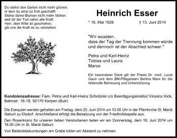 Anzeige von Heinrich Esser von Kölner Stadt-Anzeiger / Kölnische Rundschau / Express