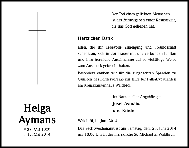  Traueranzeige für Helga Aymans vom 18.06.2014 aus Kölner Stadt-Anzeiger / Kölnische Rundschau / Express