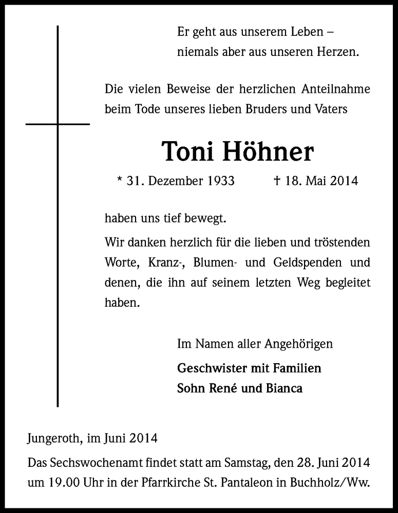  Traueranzeige für Toni Höhner vom 18.06.2014 aus Kölner Stadt-Anzeiger / Kölnische Rundschau / Express