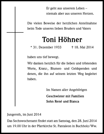 Anzeige von Toni Höhner von Kölner Stadt-Anzeiger / Kölnische Rundschau / Express