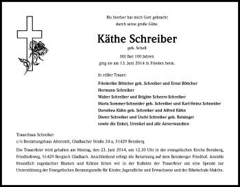 Anzeige von Käthe Schreiber von Kölner Stadt-Anzeiger / Kölnische Rundschau / Express