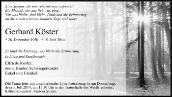 Anzeige von Gerhard Köster von Kölner Stadt-Anzeiger / Kölnische Rundschau / Express