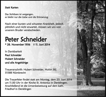 Anzeige von Peter Schneider von Kölner Stadt-Anzeiger / Kölnische Rundschau / Express