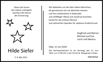 Anzeige von Hilde Siefer von Kölner Stadt-Anzeiger / Kölnische Rundschau / Express