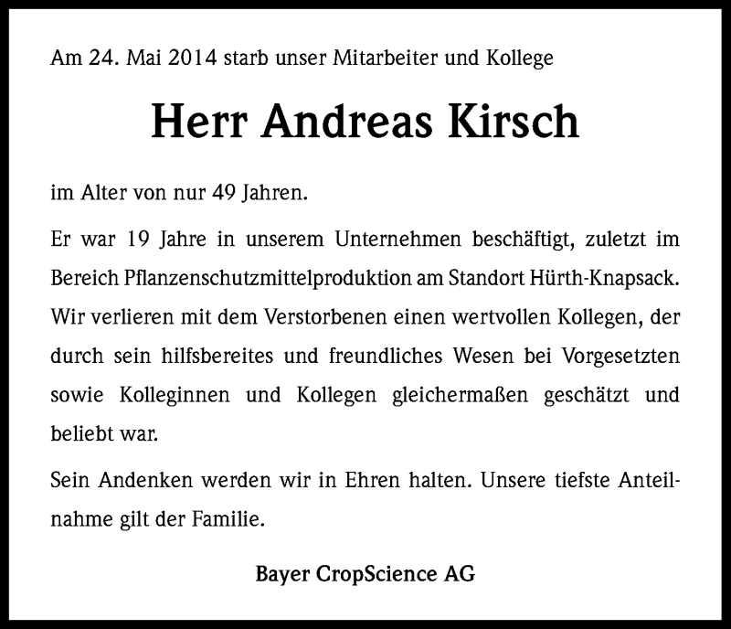  Traueranzeige für Andreas Kirsch vom 17.06.2014 aus Kölner Stadt-Anzeiger / Kölnische Rundschau / Express
