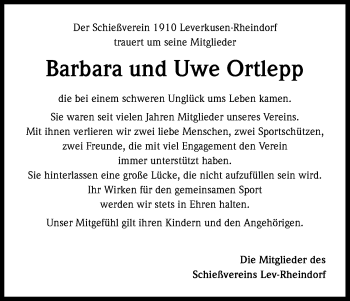 Anzeige von Barbara Ortlepp von Kölner Stadt-Anzeiger / Kölnische Rundschau / Express