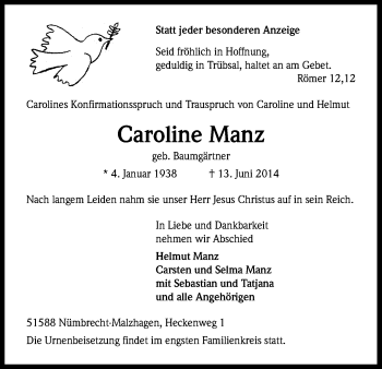 Anzeige von Caroline Manz von Kölner Stadt-Anzeiger / Kölnische Rundschau / Express
