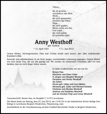 Anzeige von Anny Westhoff von Kölner Stadt-Anzeiger / Kölnische Rundschau / Express