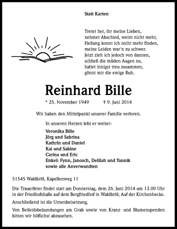 Anzeige von Reinhard Bille von Kölner Stadt-Anzeiger / Kölnische Rundschau / Express