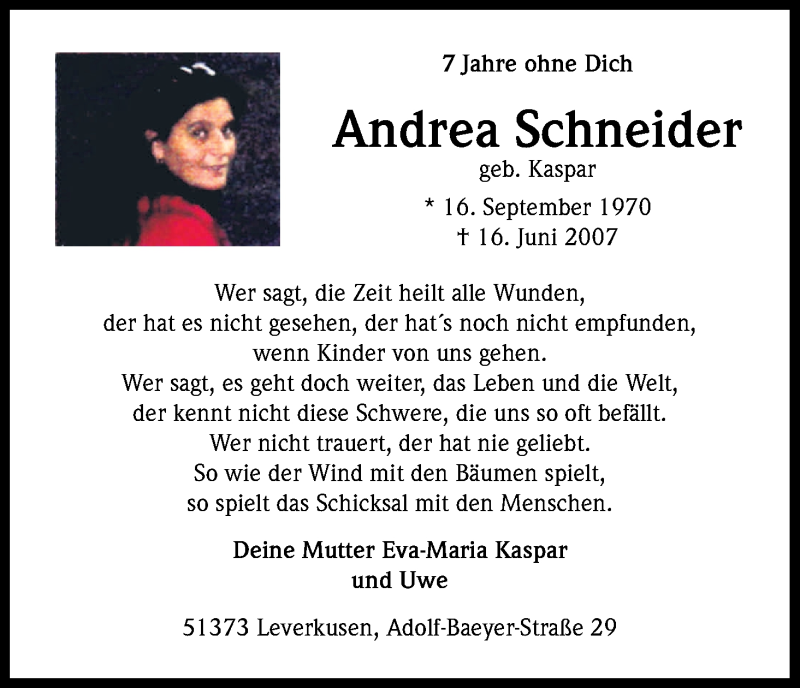  Traueranzeige für Andrea Schneider vom 17.06.2014 aus Kölner Stadt-Anzeiger / Kölnische Rundschau / Express