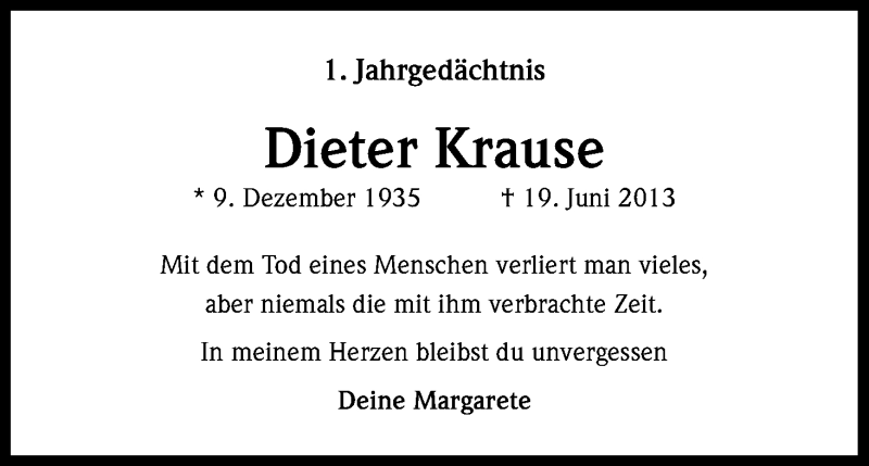  Traueranzeige für Dieter Krause vom 19.06.2014 aus Kölner Stadt-Anzeiger / Kölnische Rundschau / Express