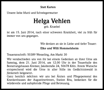 Anzeige von Helga Vehlen von Kölner Stadt-Anzeiger / Kölnische Rundschau / Express