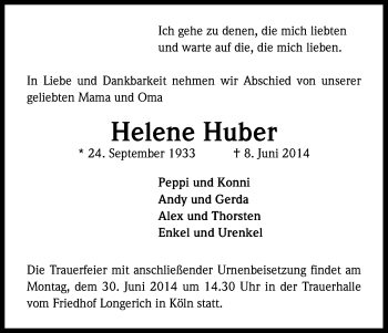 Anzeige von Helene Huber von Kölner Stadt-Anzeiger / Kölnische Rundschau / Express