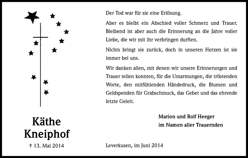  Traueranzeige für Käthe Kneiphof vom 21.06.2014 aus Kölner Stadt-Anzeiger / Kölnische Rundschau / Express
