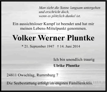 Anzeige von Volker Werner Pluntke von Kölner Stadt-Anzeiger / Kölnische Rundschau / Express