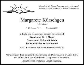 Anzeige von Margarete Kürschgen von Kölner Stadt-Anzeiger / Kölnische Rundschau / Express