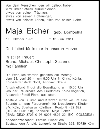 Anzeige von Maja Eicher von Kölner Stadt-Anzeiger / Kölnische Rundschau / Express
