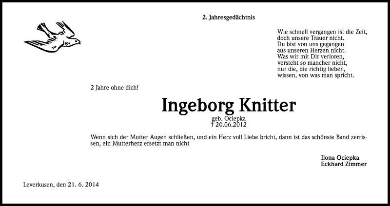  Traueranzeige für Ingeborg Knitter vom 21.06.2014 aus Kölner Stadt-Anzeiger / Kölnische Rundschau / Express