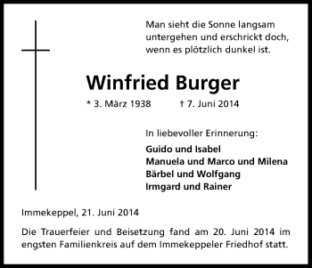 Anzeige von Winfried Burger von Kölner Stadt-Anzeiger / Kölnische Rundschau / Express