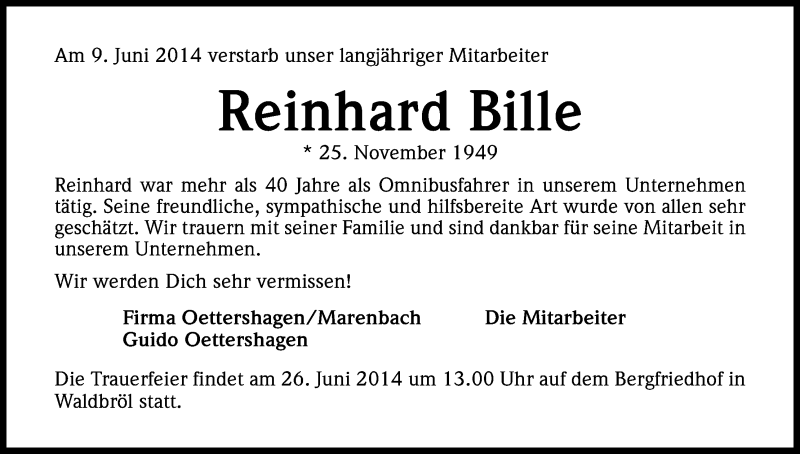  Traueranzeige für Reinhard Bille vom 21.06.2014 aus Kölner Stadt-Anzeiger / Kölnische Rundschau / Express