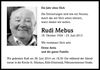 Anzeige von Rudi Mebus von Kölner Stadt-Anzeiger / Kölnische Rundschau / Express